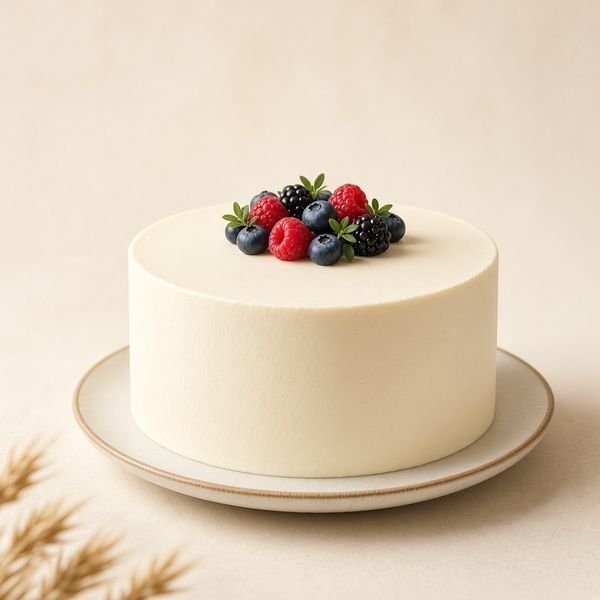 White frosted cake topped with fresh berries on a plate