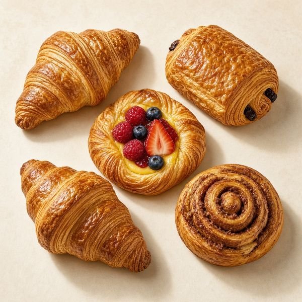 Assorted pastries: croissants, a pain au chocolat, a berry danish and a cinnamon roll