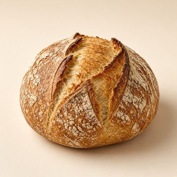 Round sourdough loaf with a crisp, flour-dusted crust
